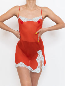 Vintage x Red & White Lace & Silk Sheer Dress (XS, S)