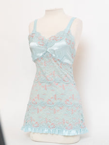 Vintage x Baby Blue & Pink Lace & Silk Slip Dress (S, M)