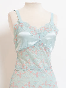 Vintage x Baby Blue & Pink Lace & Silk Slip Dress (S, M)