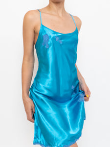 Vintage x Bright Blue Satin & Lace Slip Dress (S, M)