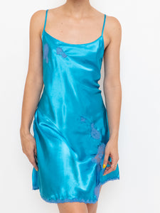 Vintage x Bright Blue Satin & Lace Slip Dress (S, M)