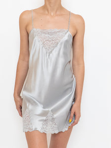 Vintage x Silver Silk Rhinestone Slip Dress (M)