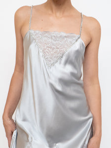 Vintage x Silver Silk Rhinestone Slip Dress (M)