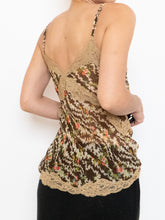 Load image into Gallery viewer, Vintage x Sheer Brown Patterned Silk &amp; Lace Tank (S, M)