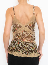 Load image into Gallery viewer, Vintage x Sheer Brown Patterned Silk &amp; Lace Tank (S, M)