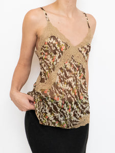 Vintage x Sheer Brown Patterned Silk & Lace Tank (S, M)
