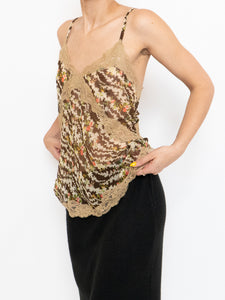 Vintage x Sheer Brown Patterned Silk & Lace Tank (S, M)