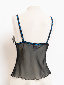 Vintage x Sheer Black & Blue Silk Frilly Tank (S)