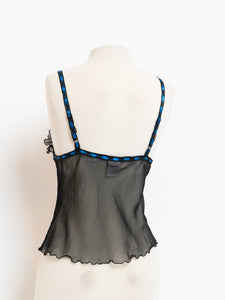 Vintage x Sheer Black & Blue Silk Frilly Tank (S)