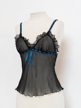 Load image into Gallery viewer, Vintage x Sheer Black &amp; Blue Silk Frilly Tank (S)
