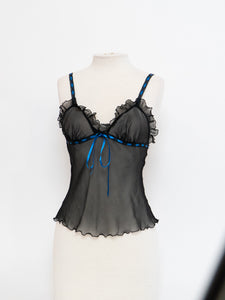 Vintage x Sheer Black & Blue Silk Frilly Tank (S)