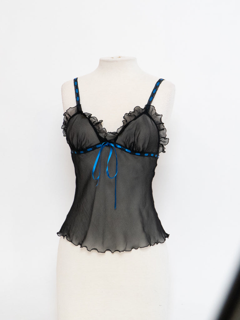 Vintage x Sheer Black & Blue Silk Frilly Tank (S)