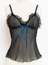 Load image into Gallery viewer, Vintage x Sheer Black &amp; Blue Silk Frilly Tank (S)