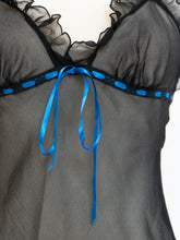 Load image into Gallery viewer, Vintage x Sheer Black &amp; Blue Silk Frilly Tank (S)