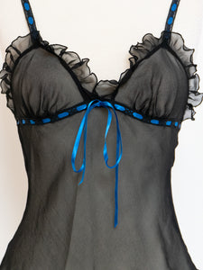 Vintage x Sheer Black & Blue Silk Frilly Tank (S)
