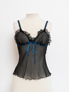 Vintage x Sheer Black & Blue Silk Frilly Tank (S)