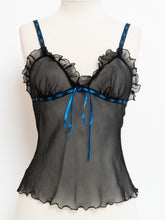 Load image into Gallery viewer, Vintage x Sheer Black &amp; Blue Silk Frilly Tank (S)