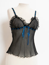 Load image into Gallery viewer, Vintage x Sheer Black &amp; Blue Silk Frilly Tank (S)