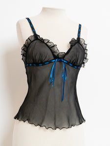 Vintage x Sheer Black & Blue Silk Frilly Tank (S)