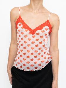 Vintage x Deadstock Pink "Cute" Mesh & Lace Tank (XS, S)