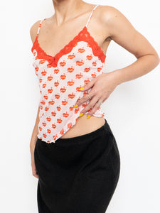 Vintage x Deadstock Pink "Cute" Mesh & Lace Tank (XS, S)