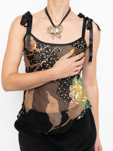 Vintage x Sheer Black Floral Silk Tank (XS, S)