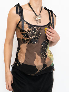 Vintage x Sheer Black Floral Silk Tank (XS, S)
