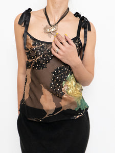 Vintage x Sheer Black Floral Silk Tank (XS, S)