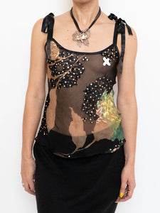 Vintage x Sheer Black Floral Silk Tank (XS, S)