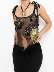 Vintage x Sheer Black Floral Silk Tank (XS, S)