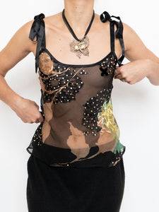 Vintage x Sheer Black Floral Silk Tank (XS, S)