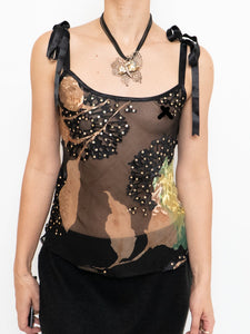 Vintage x Sheer Black Floral Silk Tank (XS, S)