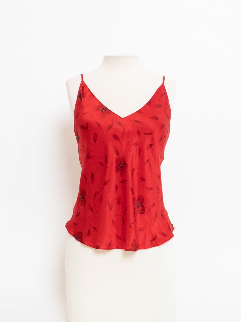 Vintage x Red Silk Floral Beaded Tank (M, L)
