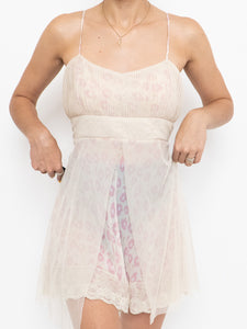 Vintage x Beige & Pink Mesh Floral Slip Dress (S, M)