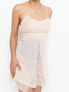 Vintage x Beige & Pink Mesh Floral Slip Dress (S, M)