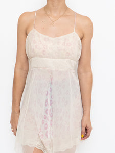 Vintage x Beige & Pink Mesh Floral Slip Dress (S, M)
