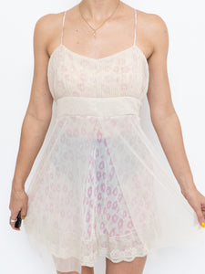 Vintage x Beige & Pink Mesh Floral Slip Dress (S, M)