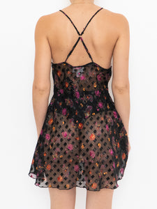 Vintage x Black Sheer & Lace Floral Patterned Slip Dress (M)