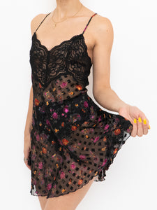 Vintage x Black Sheer & Lace Floral Patterned Slip Dress (M)