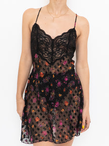 Vintage x Black Sheer & Lace Floral Patterned Slip Dress (M)