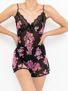 Vintage x Sheer Black Floral Silk Romper (S, M)