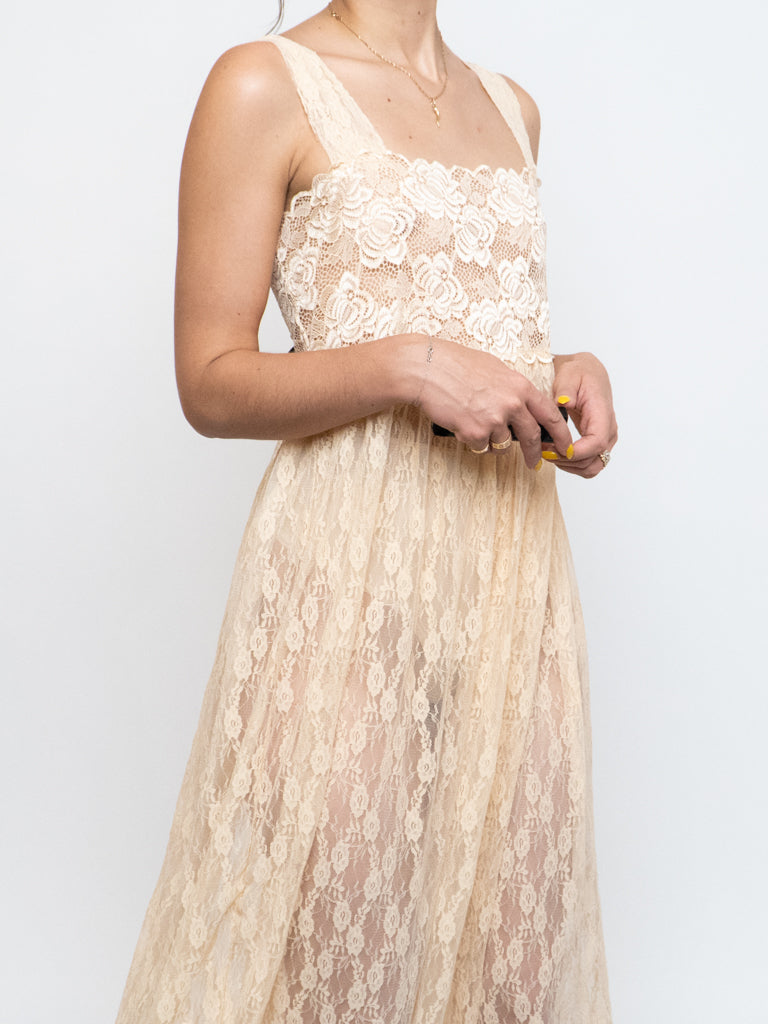 Vintage x Pale Yellow Floral Lace Dress (M, L)