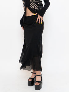 Vintage x Black Silk-Feel Flowy Skirt (XS-M)