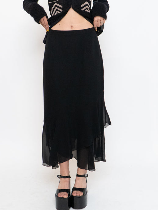 Vintage x Black Silk-Feel Flowy Skirt (XS-M)