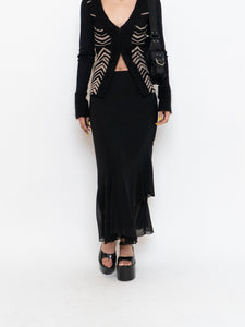 Vintage x Black Silk-Feel Flowy Skirt (XS-M)