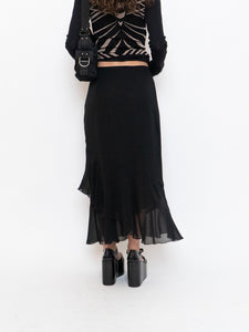 Vintage x Black Silk-Feel Flowy Skirt (XS-M)