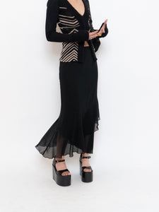Vintage x Black Silk-Feel Flowy Skirt (XS-M)