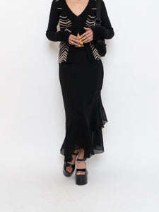 Vintage x Black Silk-Feel Flowy Skirt (XS-M)