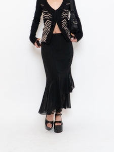 Vintage x Black Silk-Feel Flowy Skirt (XS-M)
