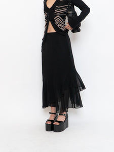 Vintage x Black Silk-Feel Flowy Skirt (XS-M)